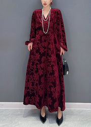 Classy Wine Red V Neck Pockets Silk Velour Long Dresses Fall