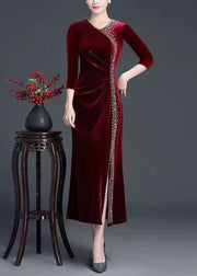 Classy Wine Red V Neck Zircon Side Open Silk Velour Long Dress Fall