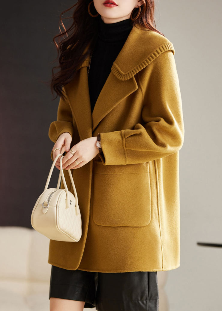 Classy Yellow Button Pockets Patchwork Wool Coat Long Sleeve