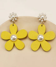 Classy Yellow Daisy Floral Pearl Drop Earrings