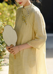 Classy Yellow Embroidered Button Linen Dresses Bracelet Sleeve