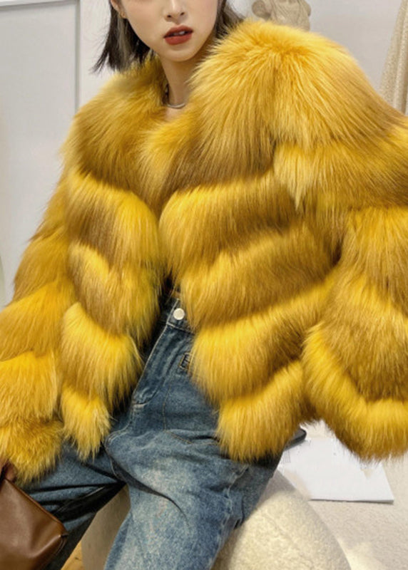 Classy Yellow Fox Collar Leather And Fur Coats Winter