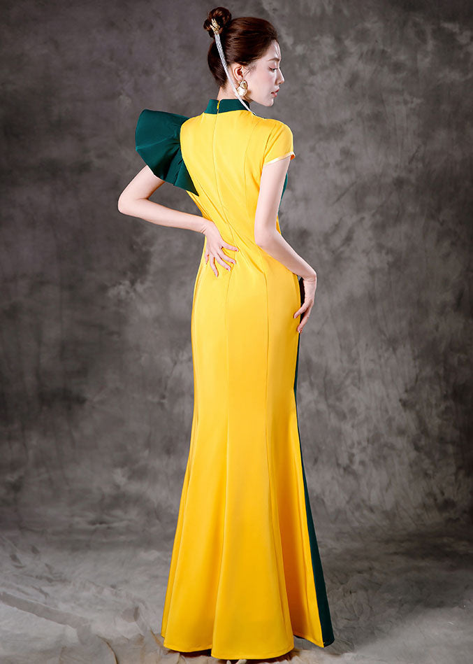 Classy Yellow Green Colorblock Asymmetrical Ruffled Silk Party Long Dress Short Sleeve