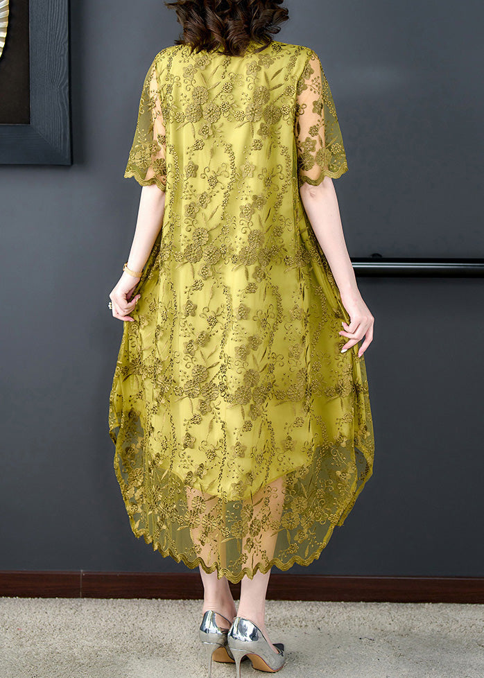 Classy Yellow O-Neck Print Tulle Long Dress Short Sleeve