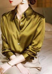 Classy Yellow Peter Pan Collar Button Patchwork Silk Shirt Spring