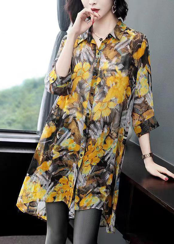 Classy Yellow Peter Pan Collar Print Patchwork Chiffon Shirts Top Summer