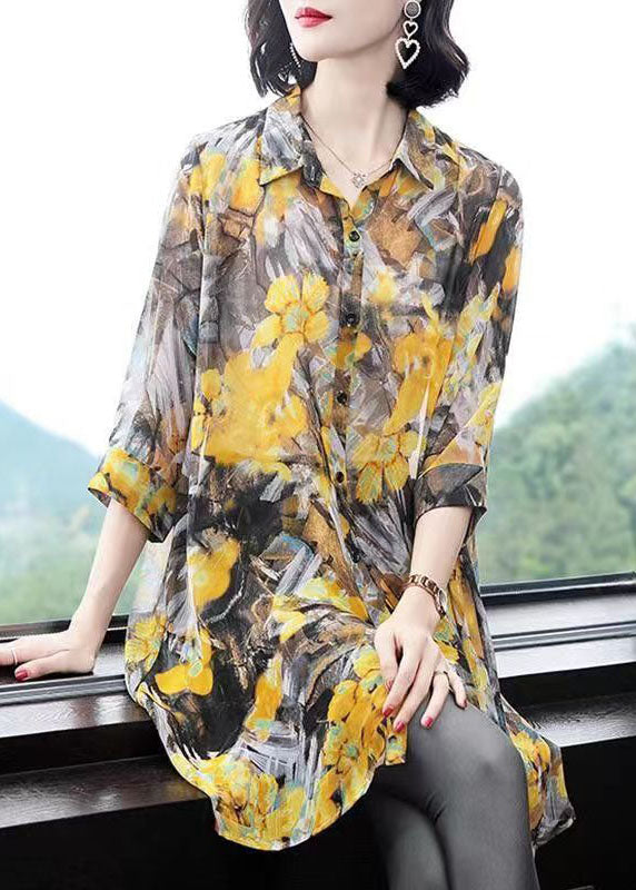 Classy Yellow Peter Pan Collar Print Patchwork Chiffon Shirts Top Summer