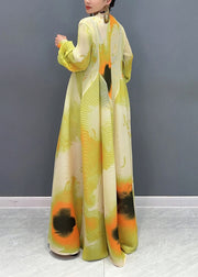 Classy Yellow Print Patchwork Chiffon Long Dress Puff Sleeve