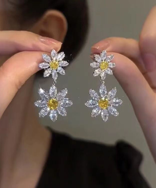 Classy Yellow Stering Silver Overgild Zircon Sunflower Drop Earrings