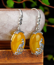 Classy Yellow Sterling Silver Inlaid Chalcedony Peacock Drop Earrings