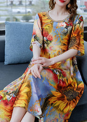 Classy Yellow The Sunflowers Print Patchwork Chiffon Dress Summer