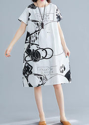 Classy white print linen Wardrobes o neck short sleeve shift summer Dress - bagstylebliss