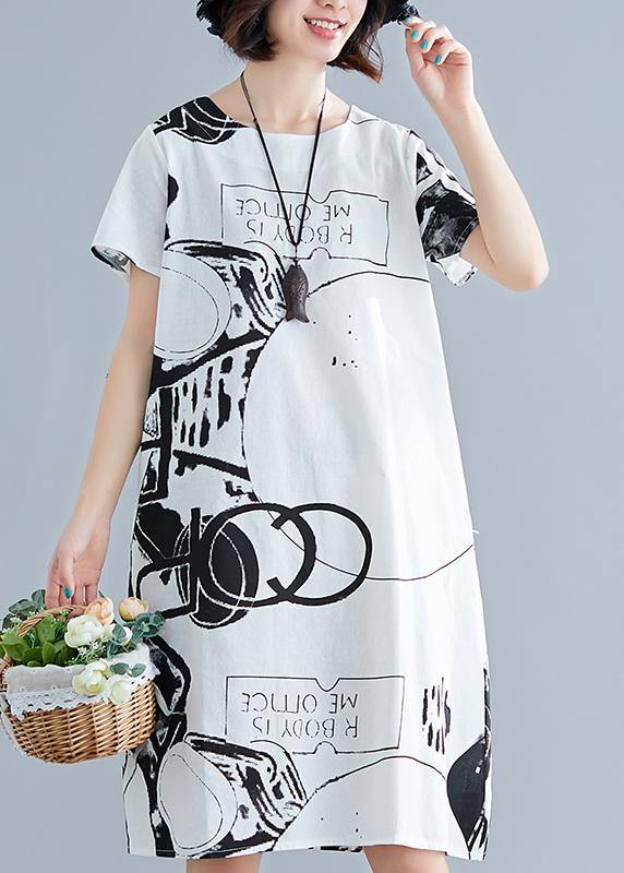 Classy white print linen Wardrobes o neck short sleeve shift summer Dress - bagstylebliss