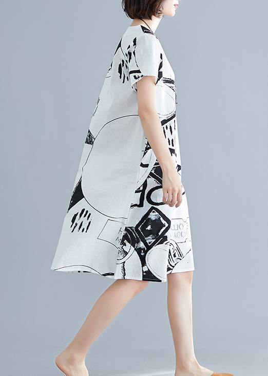 Classy white print linen Wardrobes o neck short sleeve shift summer Dress - bagstylebliss