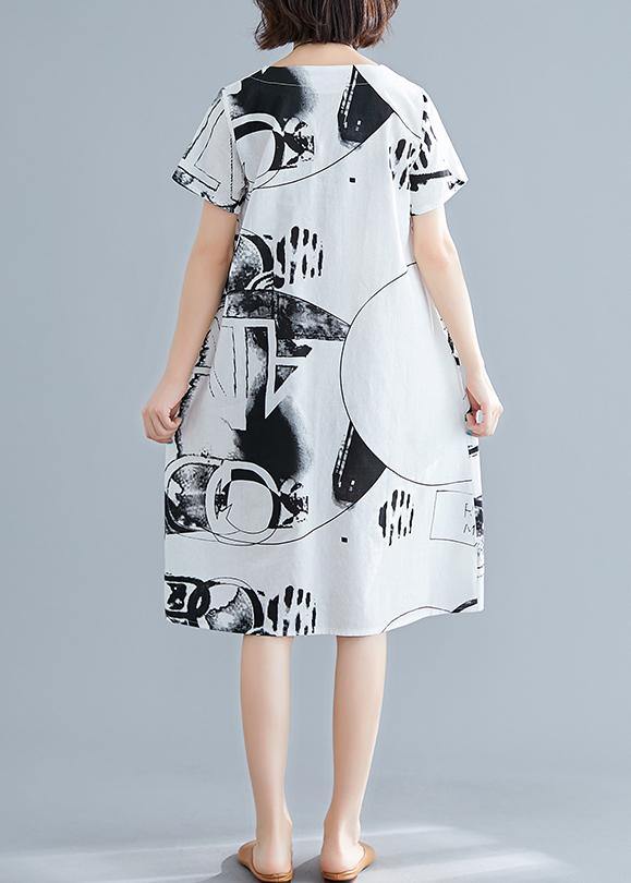 Classy white print linen Wardrobes o neck short sleeve shift summer Dress - bagstylebliss