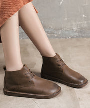 Chocolate Boots Cowhide Leather Warm Fleece Fine Lace Up Flat Boots