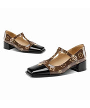 Coffee Buckle Strap Print Splicing Faux Leather Chunky Sandals