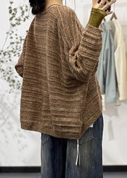 Coffee Button Cotton Knit Coats V Neck Long Sleeve