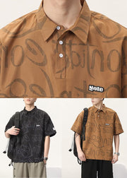 Coffee Button Cotton Men T Shirts Peter Pan Collar Short Sleeve