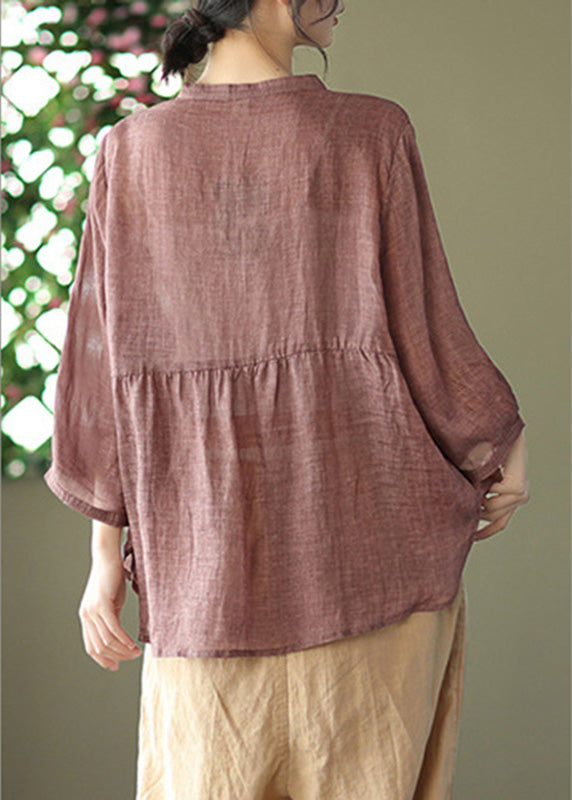 Coffee Button Cozy Ramie Shirt Long Sleeve