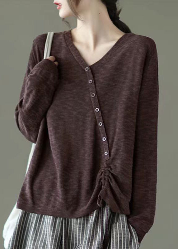 Coffee Button Lace Up Patchwork Knitting Top V Neck Long Sleeve