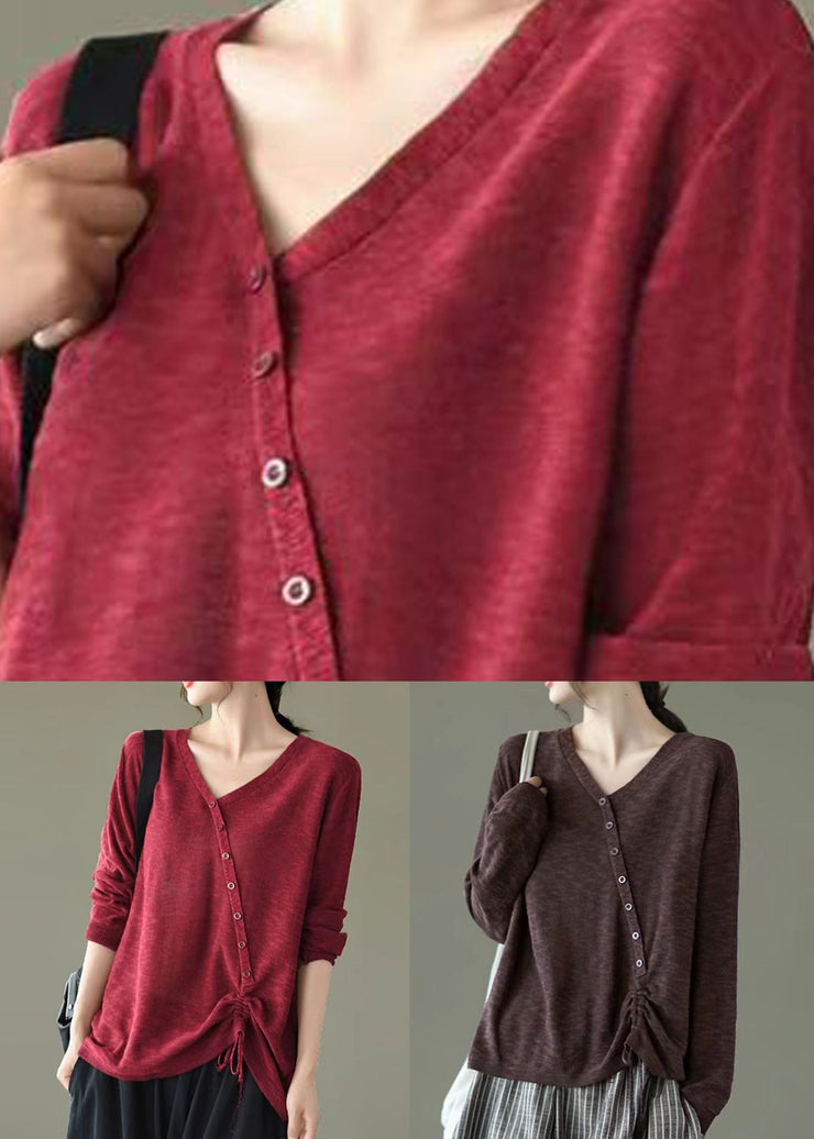 Coffee Button Lace Up Patchwork Knitting Top V Neck Long Sleeve