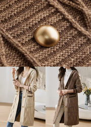 Coffee Button Patchwork Knit Fall Cardigans Hooded