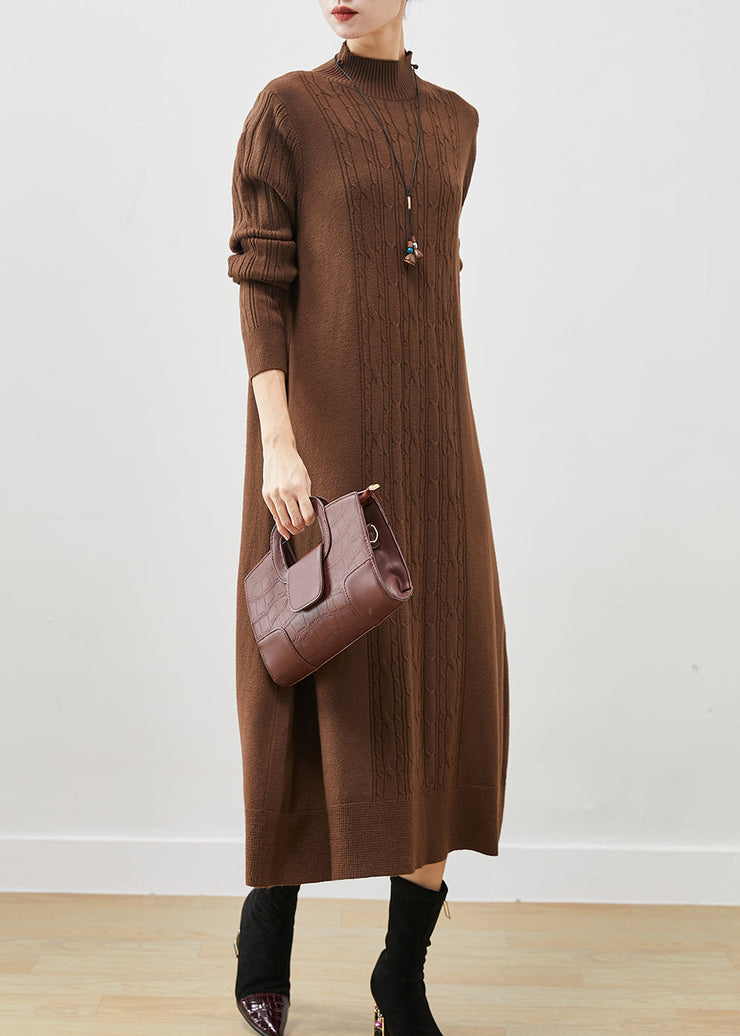 Coffee Cable Knit Long Dress Stand Collar Oversized Spring