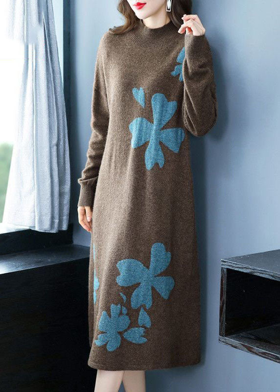 Coffee Cashmere Long Sweater Dress Stand Collar Embroideried Long Sleeve