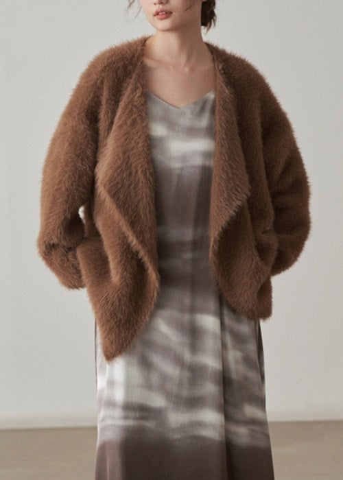 Coffee Chunky Mink Hair Knitted Cardigan V-Neck Long Sleeve