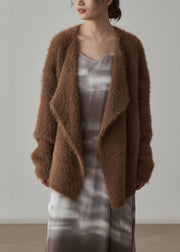 Coffee Chunky Mink Hair Knitted Cardigan V-Neck Long Sleeve