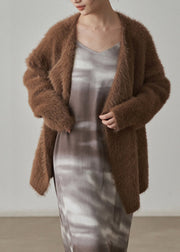 Coffee Chunky Mink Hair Knitted Cardigan V-Neck Long Sleeve