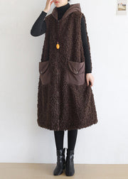 Chocolate Colour Pockets Thick Woolen Hoodies Waistcoat Sleeveless