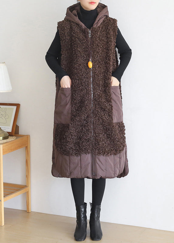 Chocolate Colour Thick Woolen Hooded Waistcoat Sleeveless