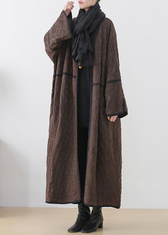 Chocolate Colour V Neck Patchwork Woolen Trench Coats Long Sleeve