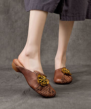 Coffee Cowhide Leather Vintage Floral Splicing Slide Sandals