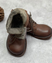 Chocolate Cowhide Leather Zippered Boots Warm Fleece Ankle Boots