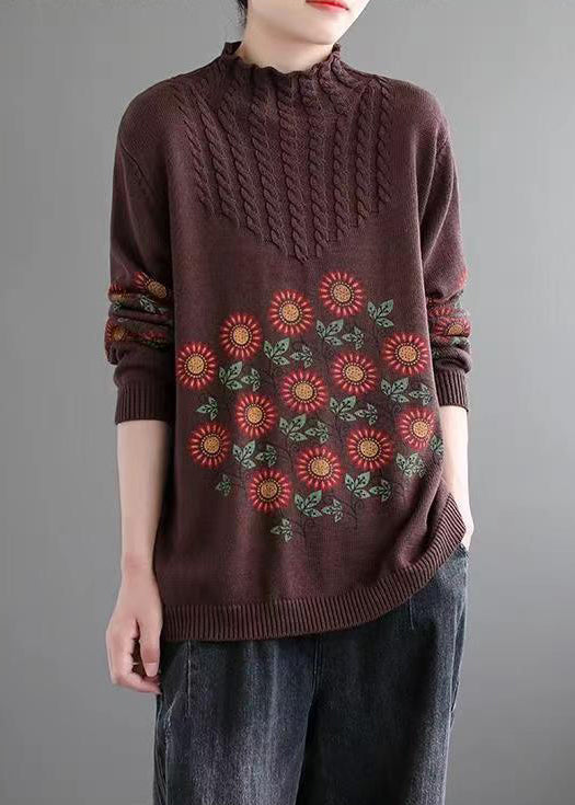 Coffee Cozy Patchwork Knitted Cotton Sweaters Turtleneck Long Sleeve