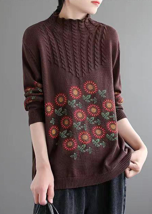 Coffee Cozy Patchwork Knitted Cotton Sweaters Turtleneck Long Sleeve