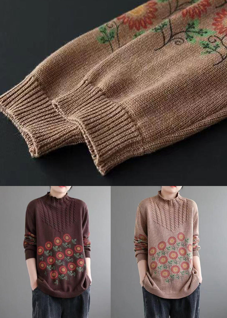 Coffee Cozy Patchwork Knitted Cotton Sweaters Turtleneck Long Sleeve