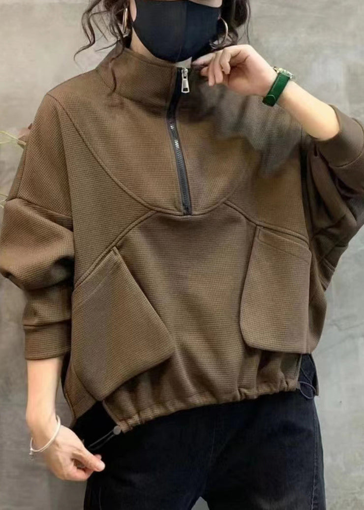 Coffee Drawstring Patchwork Warm Fleece Top Stand Collar Long Sleeve