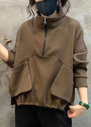 Coffee Drawstring Patchwork Warm Fleece Top Stand Collar Long Sleeve