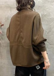 Coffee Drawstring Patchwork Warm Fleece Top Stand Collar Long Sleeve