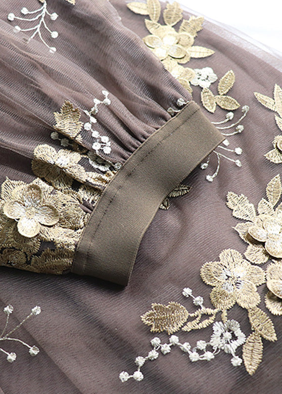 Chocolate Embroideried Floral High Waist Tulle A Line Skirt Spring