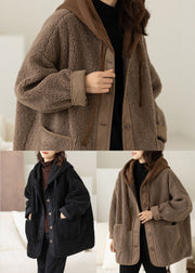 Chocolate Fake Two Piece Fine Cotton Filled Teddy Faux Fur Jackets Hooded Drawstring Winter