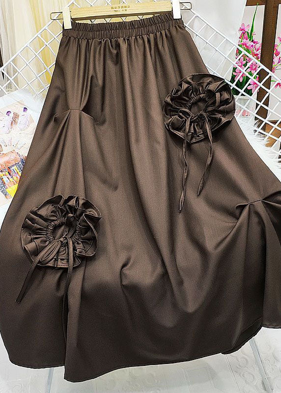 Chocolate Floral Cotton Skirts Elastic Waist Wrinkled Spring