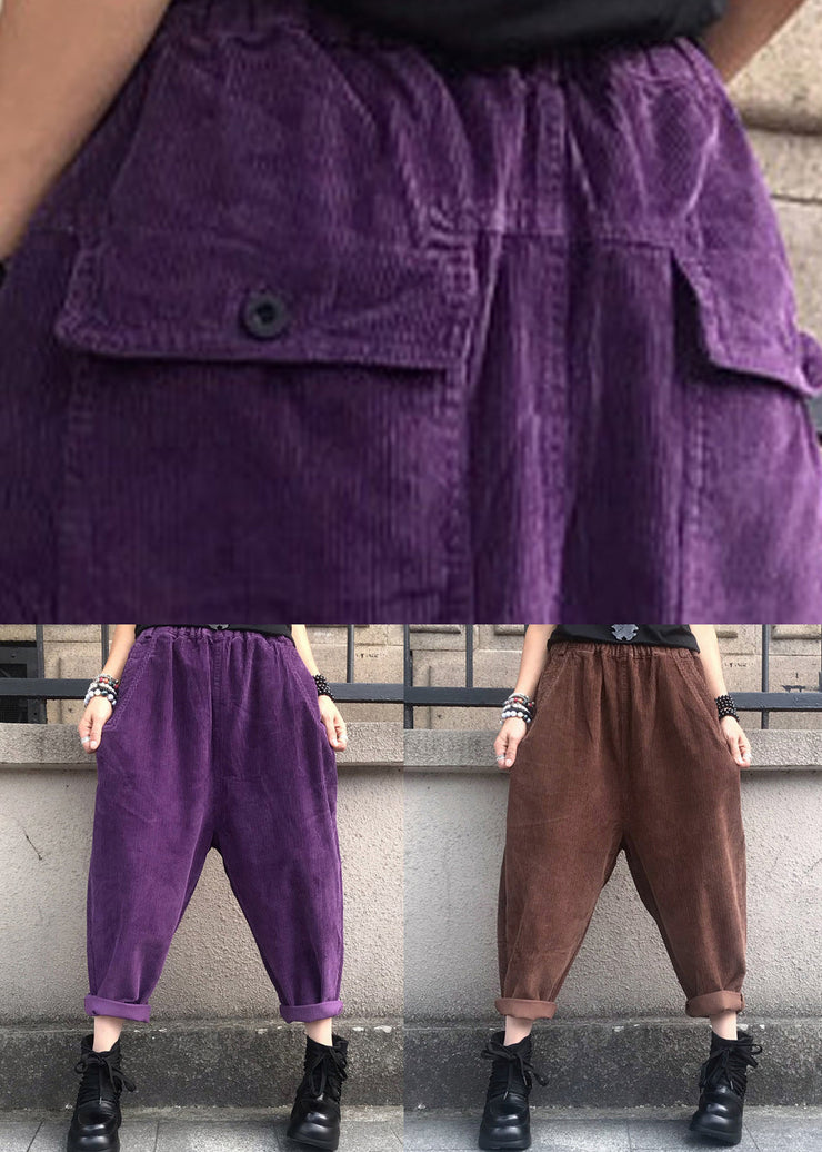 Coffee High Waist Patchwork Corduroy Harem Pants Pockets Fall