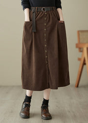 Coffee High Waist Patchwork Corduroy Skirts Pockets Spring