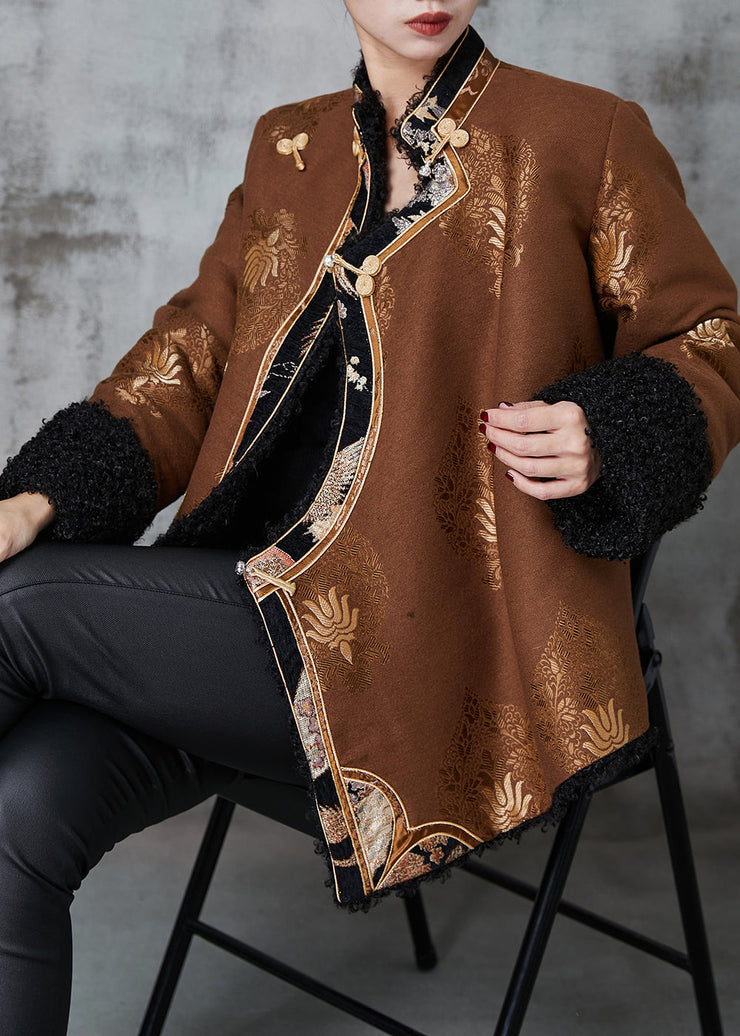 Coffee Jacquard Warm Fleece Coats Chinese Button Spring