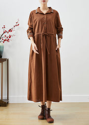 Coffee Loose Corduroy Long Dress Cinched Embroideried Fall